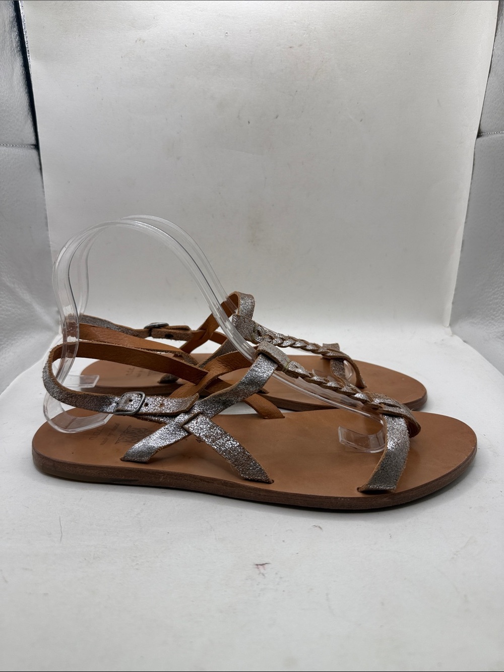 n.d.c. Made By Hand Womens 40 Leather Sandals Metallic Silver Shoes Handmade